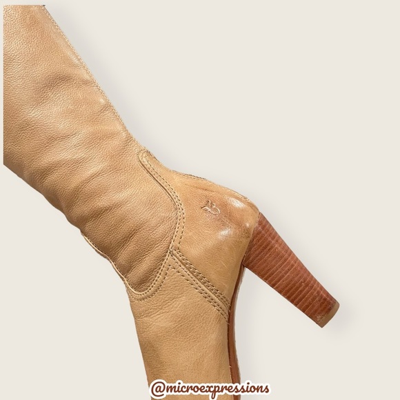 $399 Frye Miranda Back Zip Tan Distressed Heeled Fold Over Knee High Tall Boot - Picture 10 of 12